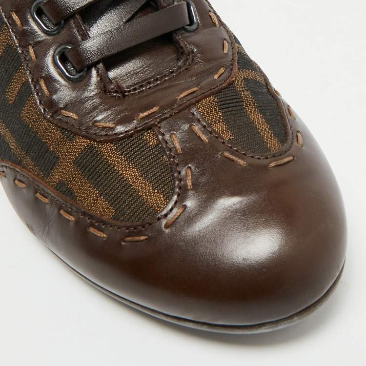 Pre Owned Fendi Brown Zucca Canvas and Leather Low Top Sneakers Size 37