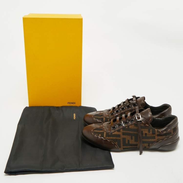 Pre Owned Fendi Brown Zucca Canvas and Leather Low Top Sneakers Size 37