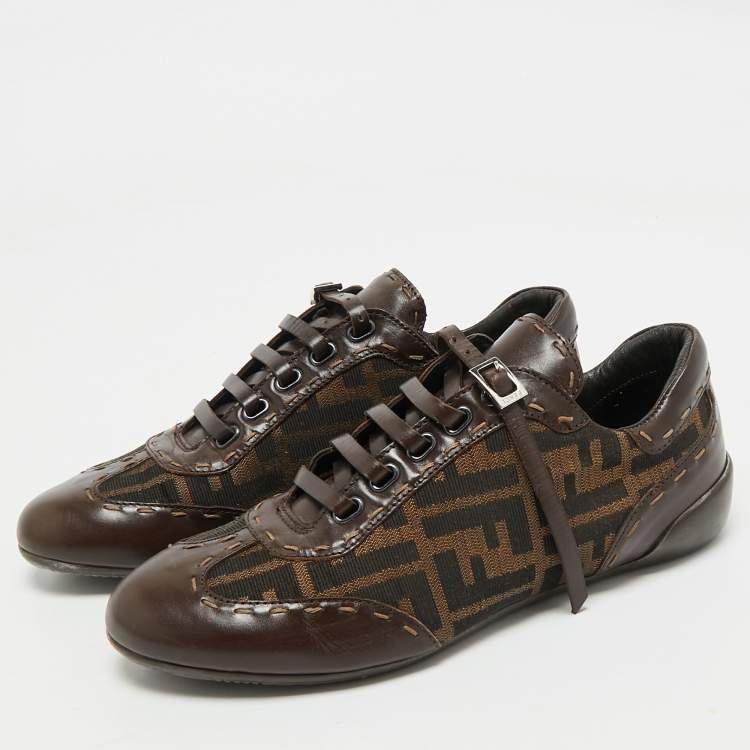 Pre Owned Fendi Brown Zucca Canvas and Leather Low Top Sneakers Size 37