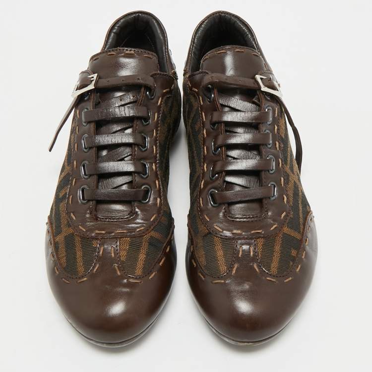 Pre Owned Fendi Brown Zucca Canvas and Leather Low Top Sneakers Size 37