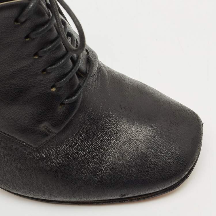 Pre Owned Fendi Black Leather Lace up  Polifonia Ankle Boots Size 38.5