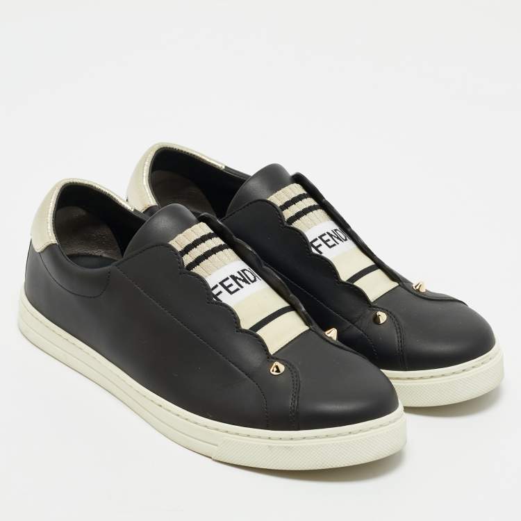 Pre Owned Fendi Black Leather Rockoclick Slip On Sneakers Size 39