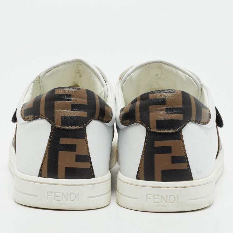 Pre Owned Fendi White/Brown Leather FF Buckle Low Top Sneakers Size 37