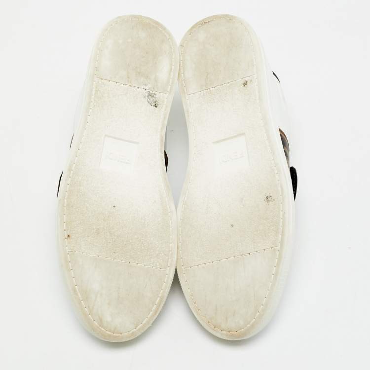 Pre Owned Fendi White/Brown Leather FF Buckle Low Top Sneakers Size 37