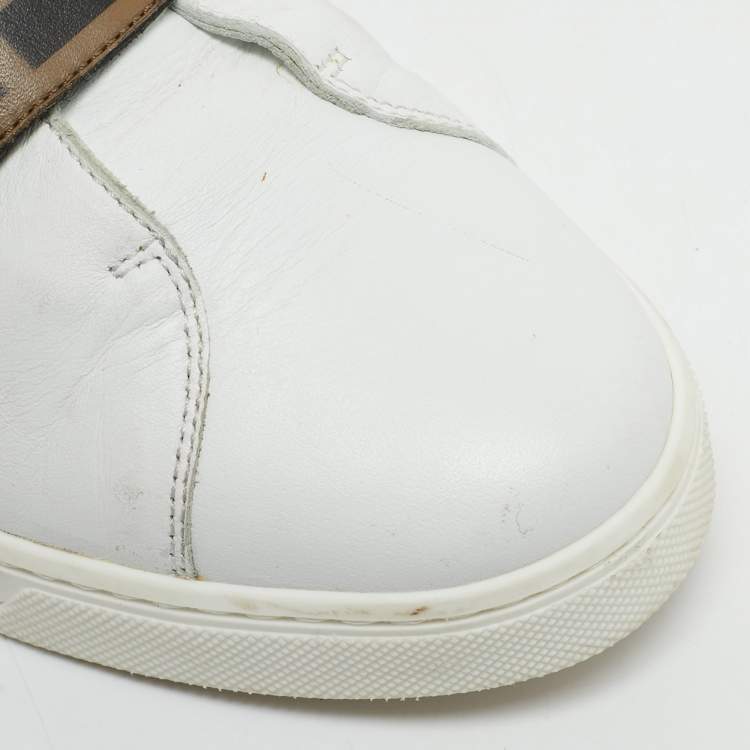 Pre Owned Fendi White/Brown Leather FF Buckle Low Top Sneakers Size 37