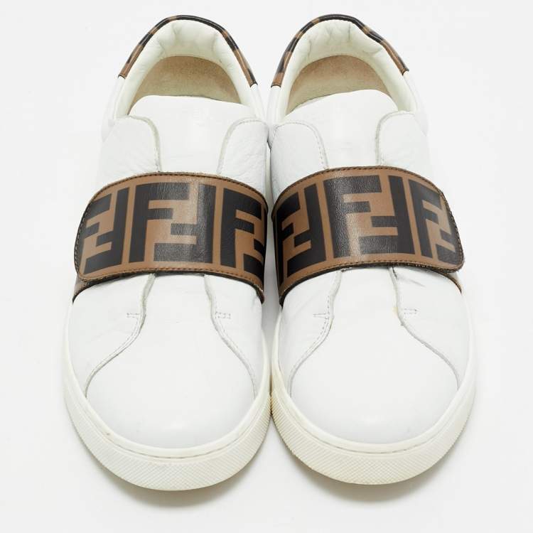 Pre Owned Fendi White/Brown Leather FF Buckle Low Top Sneakers Size 37