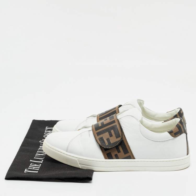 Pre Owned Fendi White/Brown Leather FF Buckle Low Top Sneakers Size 37