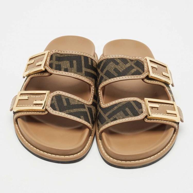 Pre Owned Fendi Brown Zucca Canvas and Leather Feel Slide Sandals Size 37