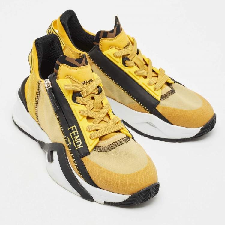 Pre Owned Fendi Yellow Mesh and Suede Flow Sneakers Size 36