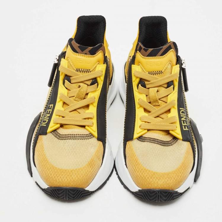 Pre Owned Fendi Yellow Mesh and Suede Flow Sneakers Size 36