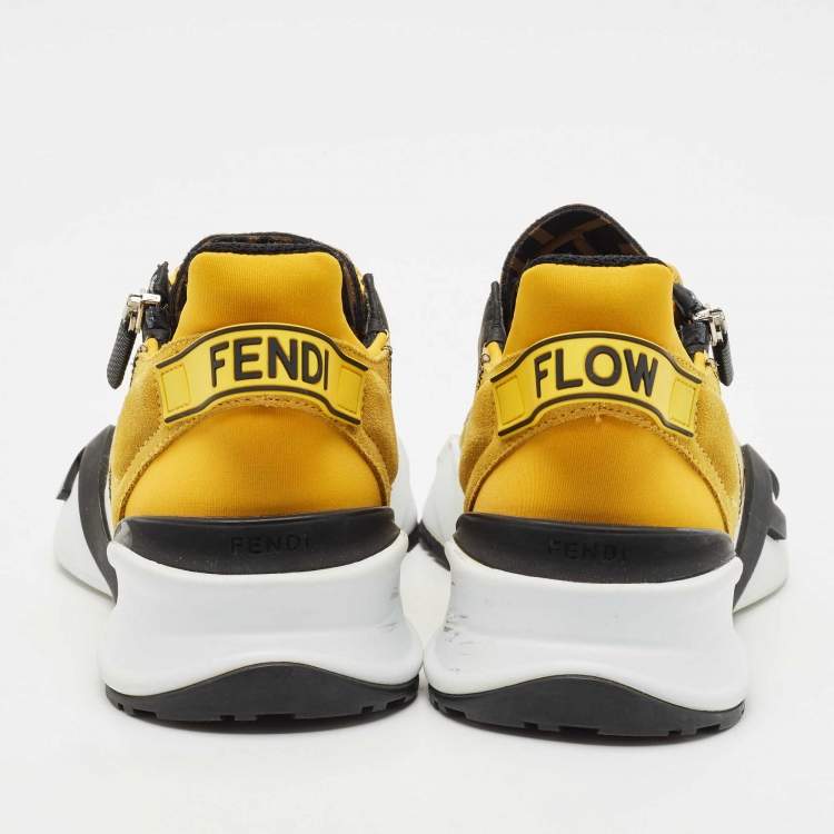 Pre Owned Fendi Yellow Mesh and Suede Flow Sneakers Size 36