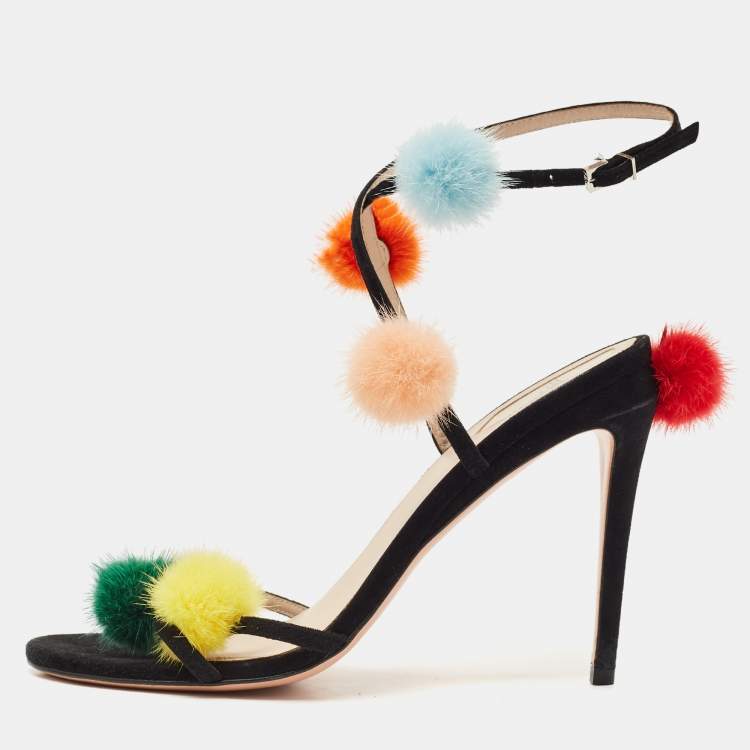 Pre Owned Fendi Multicolor Suede and Fur Pompoms B Ankle Strap Sandals Size 40           