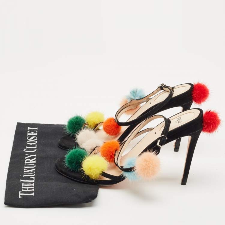 Pre Owned Fendi Multicolor Suede and Fur Pompoms B Ankle Strap Sandals Size 40           