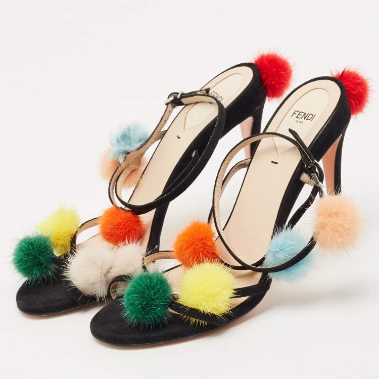 Pre Owned Fendi Multicolor Suede and Fur Pompoms B Ankle Strap Sandals Size 40           