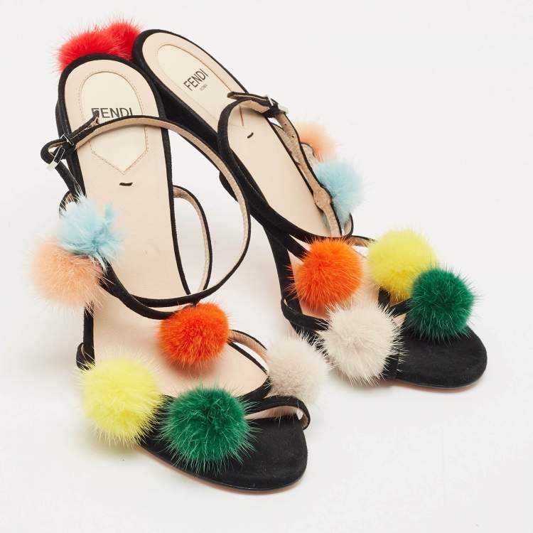 Pre Owned Fendi Multicolor Suede and Fur Pompoms B Ankle Strap Sandals Size 40           