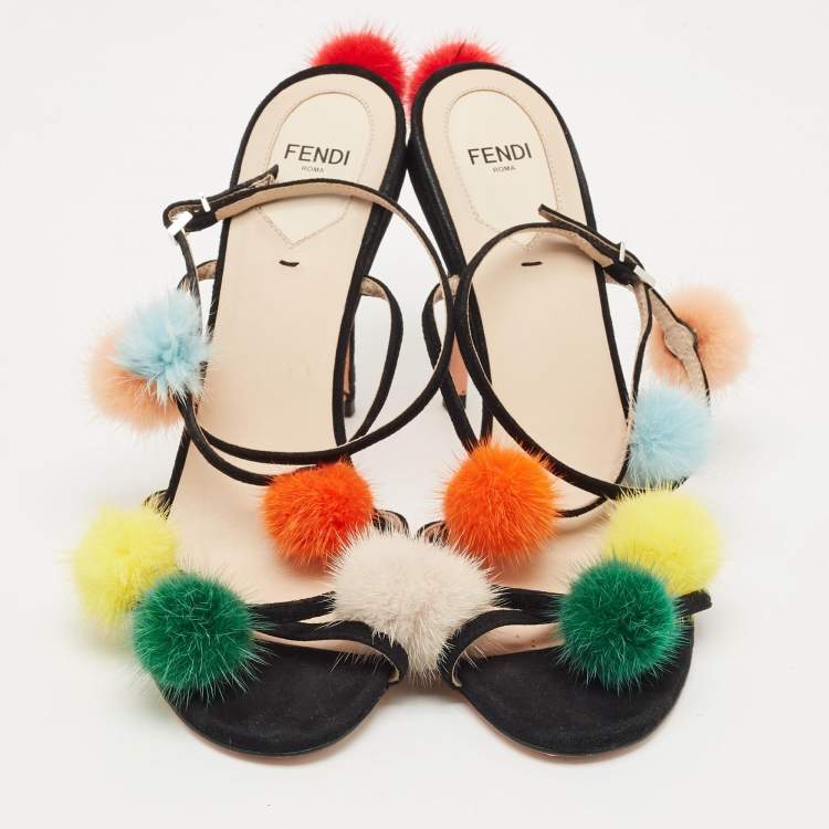 Pre Owned Fendi Multicolor Suede and Fur Pompoms B Ankle Strap Sandals Size 40           