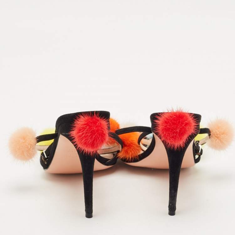 Pre Owned Fendi Multicolor Suede and Fur Pompoms B Ankle Strap Sandals Size 40           