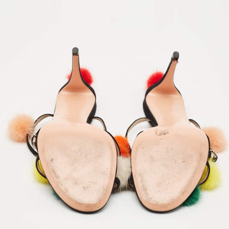 Pre Owned Fendi Multicolor Suede and Fur Pompoms B Ankle Strap Sandals Size 40           