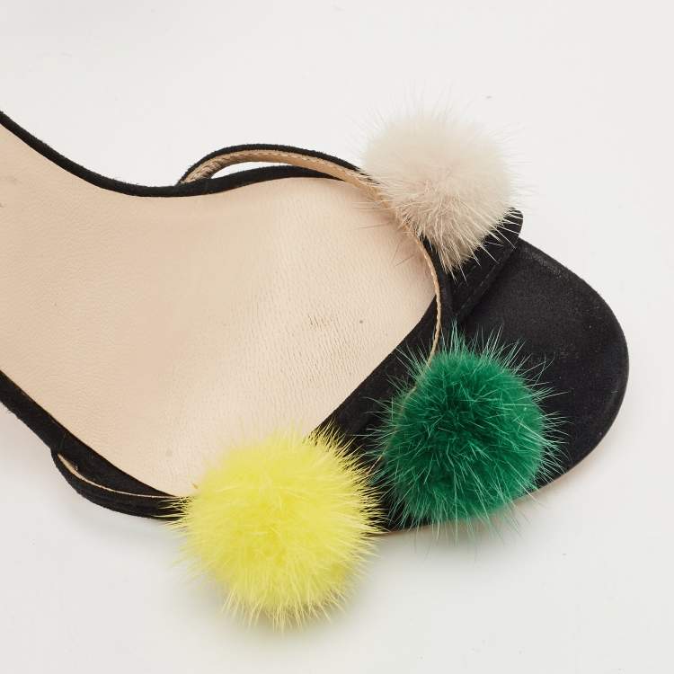Pre Owned Fendi Multicolor Suede and Fur Pompoms B Ankle Strap Sandals Size 40           