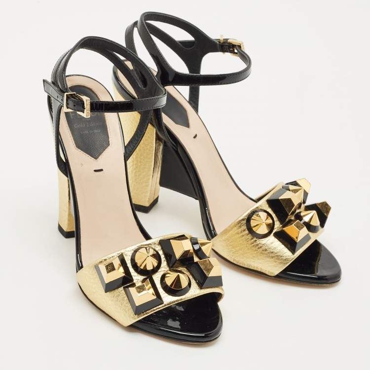 Pre Owned Fendi Gold/Black Leather and Patent Studded Ankle Strap Sandals Size 35