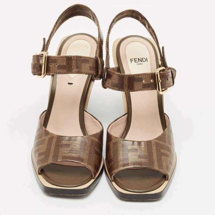 Pre Owned Fendi Brown Zucca Coated Canvas Motif Logo Wedge Ankle Strap Sandals Size 36