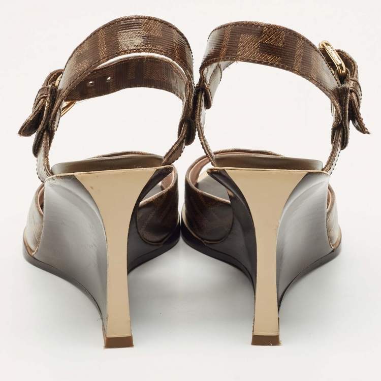 Pre Owned Fendi Brown Zucca Coated Canvas Motif Logo Wedge Ankle Strap Sandals Size 36