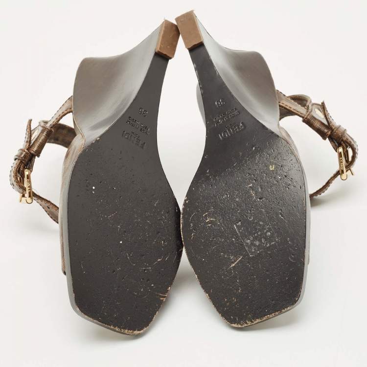 Pre Owned Fendi Brown Zucca Coated Canvas Motif Logo Wedge Ankle Strap Sandals Size 36