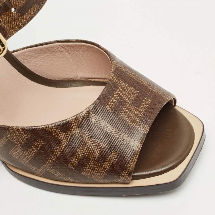 Pre Owned Fendi Brown Zucca Coated Canvas Motif Logo Wedge Ankle Strap Sandals Size 36