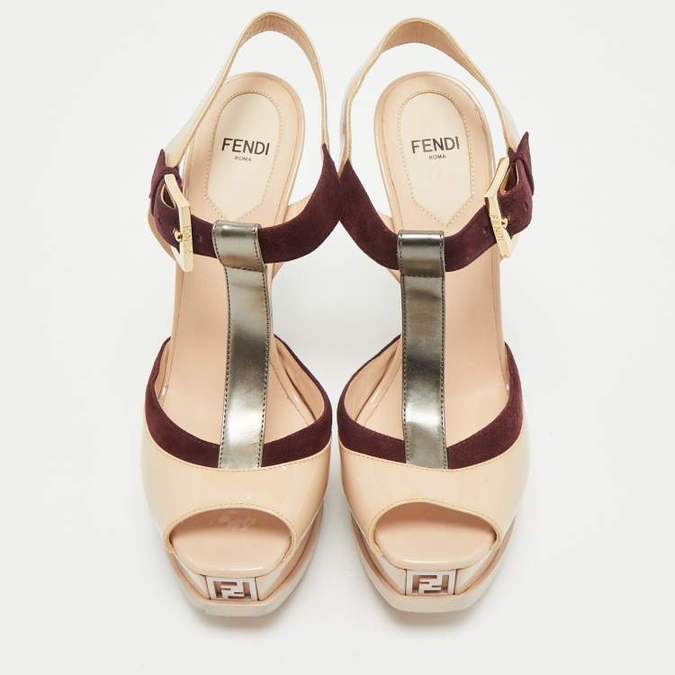 Pre Owned Fendi Multicolor Patent Leather Platform T-Strap Sandals Size 37.5