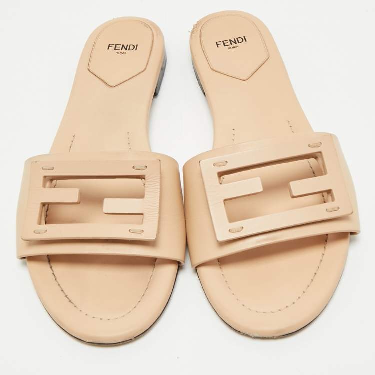 Pre Owned Fendi Beige Leather FF Flat Slides Size 39.5
