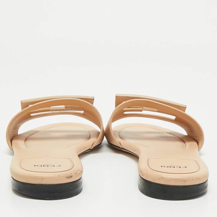 Pre Owned Fendi Beige Leather FF Flat Slides Size 39.5