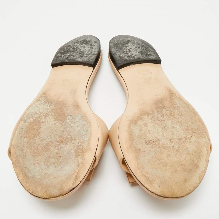 Pre Owned Fendi Beige Leather FF Flat Slides Size 39.5
