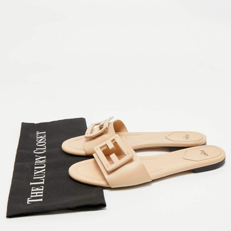 Pre Owned Fendi Beige Leather FF Flat Slides Size 39.5