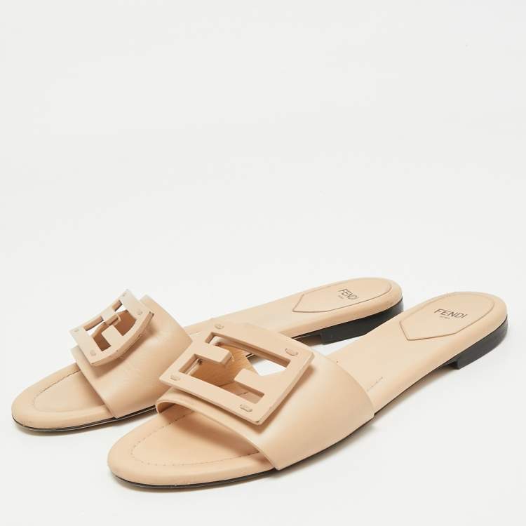 Pre Owned Fendi Beige Leather FF Flat Slides Size 39.5