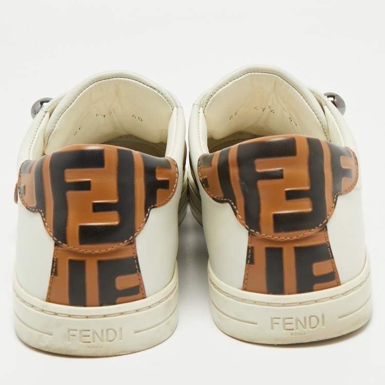 Pre Owned Fendi White/Brown Leather FF Buckle Strap Pearland Slip On Sneakers Size 40