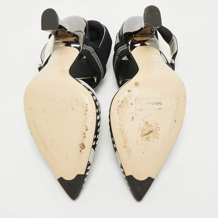 Pre Owned Fendi White/Black Zucca Canvas and Leather Colibri Slingback Pumps Size 35