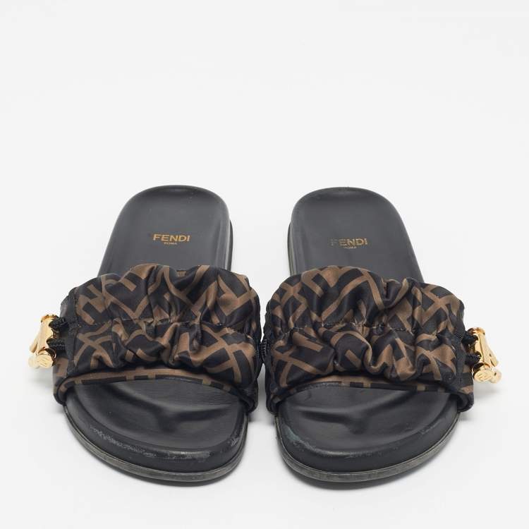 Pre Owned Fendi Black/Green Satin FF Logo Flat Slides Size 38.5