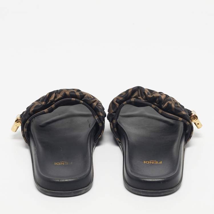 Pre Owned Fendi Black/Green Satin FF Logo Flat Slides Size 38.5