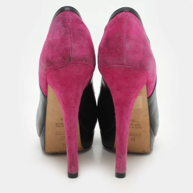 Pre Owned Fendi Pink/Black Suede and Leather Cutout Peep Toe Platform Pumps Size 38