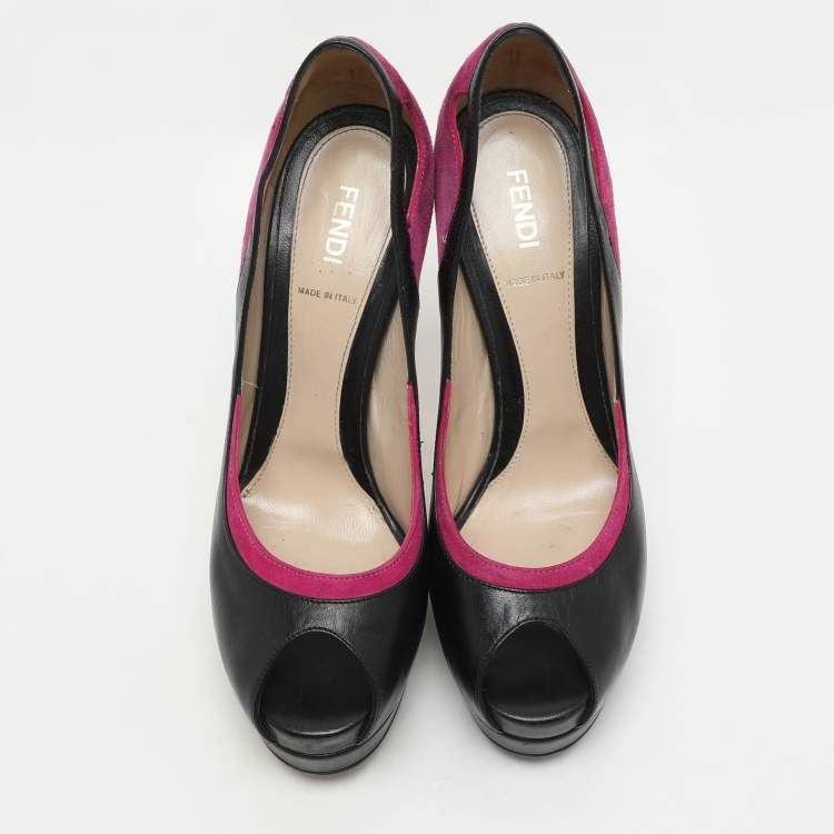 Pre Owned Fendi Pink/Black Suede and Leather Cutout Peep Toe Platform Pumps Size 38