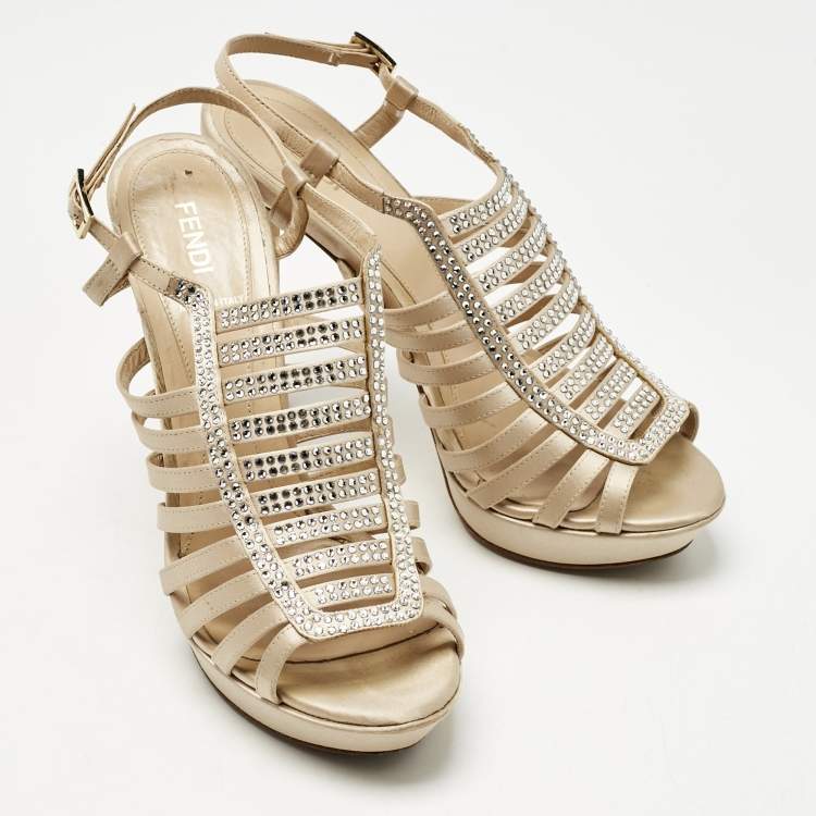 Pre Owned Fendi Beige Satin Crystal Embellished Gladiator Platform Sandals Size 39
