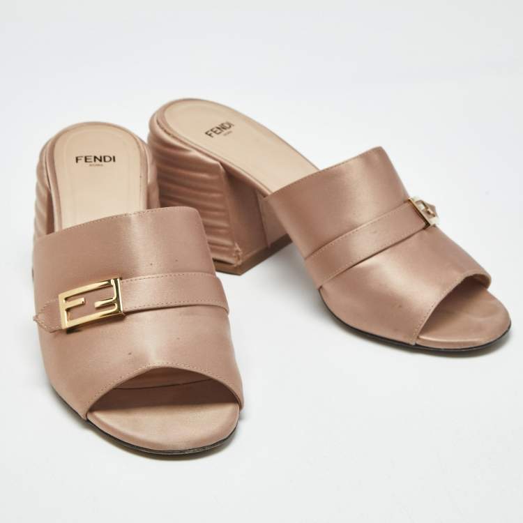 Pre Owned Fendi old Rose Satin FF Slide Sandals Size 38