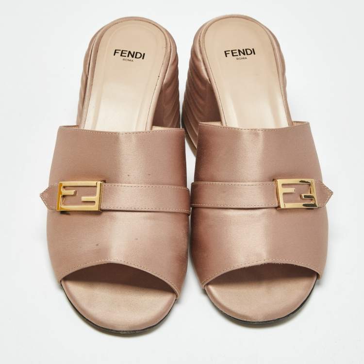 Pre Owned Fendi old Rose Satin FF Slide Sandals Size 38