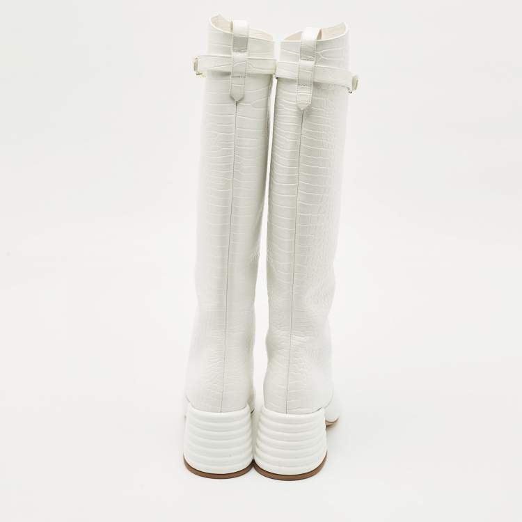 Pre Owned Fendi Off White Croc Embossed Leather Knee Length Boots Size 37