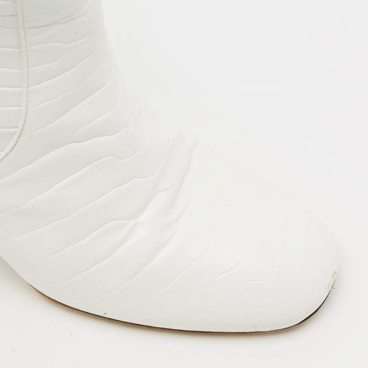 Pre Owned Fendi Off White Croc Embossed Leather Knee Length Boots Size 37
