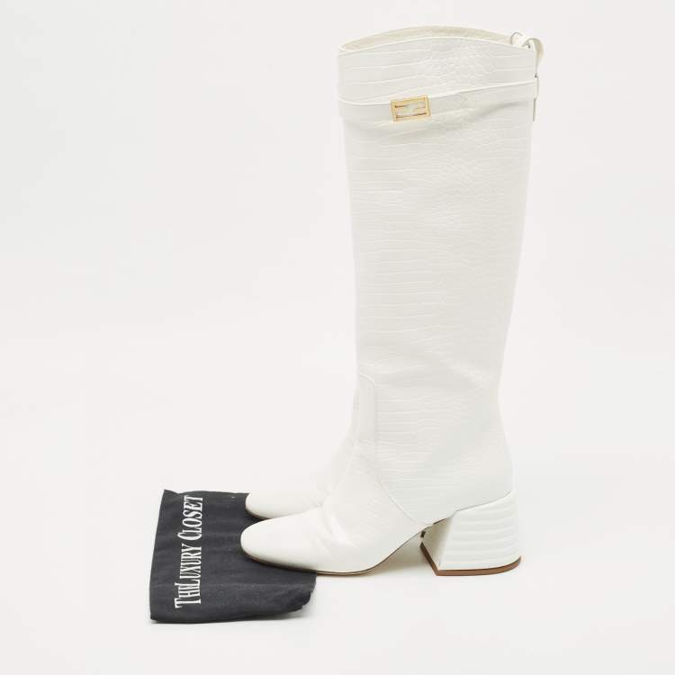 Pre Owned Fendi Off White Croc Embossed Leather Knee Length Boots Size 37