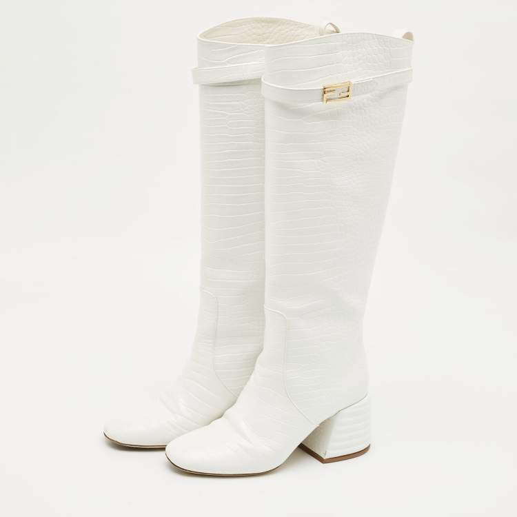 Pre Owned Fendi Off White Croc Embossed Leather Knee Length Boots Size 37