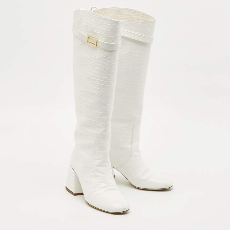 Pre Owned Fendi Off White Croc Embossed Leather Knee Length Boots Size 37