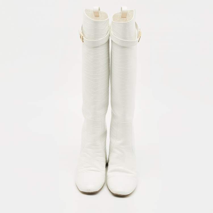 Pre Owned Fendi Off White Croc Embossed Leather Knee Length Boots Size 37
