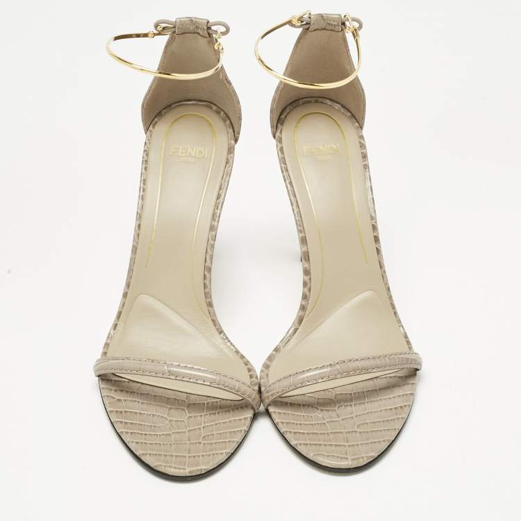 Pre Owned Fendi Grey Croc Embossed Leather Filo Ankle Strap Sandals Size 38